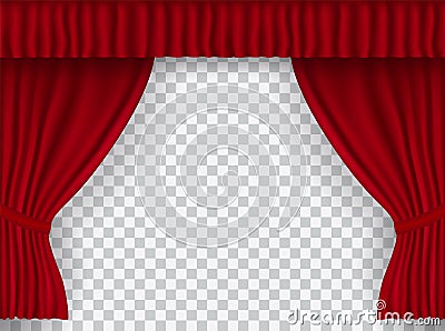 Beautiful red theatre folded curtain drapes on transparent background Vector Illustration