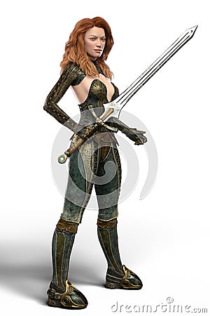 Beautiful redhead woman warrior holding a sword isolated Stock Photo