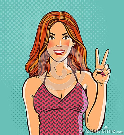 Beautiful redhead girl. Hand gesture is symbol of victory or peace. Pop art retro comic style. Cartoon vector Vector Illustration