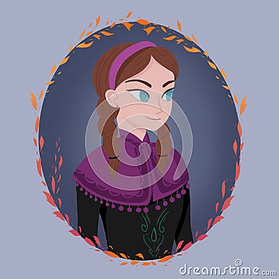 Beautiful redhead princess Anna. Brave Queen Arundel. Frozen sister Cartoon Illustration