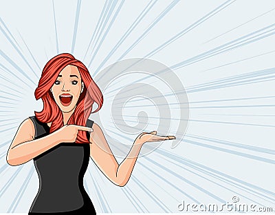 Beautiful redhead retro surprised woman pointing. Vector Illustration