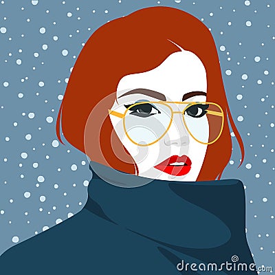 Beautiful redhead woman wearing the golden glasses and dark blue coat against winter snowing background Vector Illustration