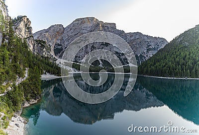 Beautiful reflection of Seekofel mountain in Lake Braies, Italy Stock Photo