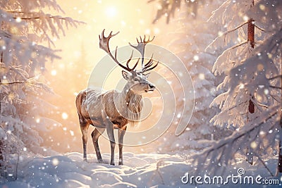 Beautiful reindeer in a magical sunny winter forest Stock Photo