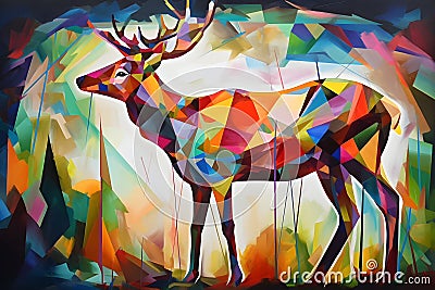 A beautiful reindeer, modern artwork, abstract colorful painting with geometric shapes. Hand drawn digital painting. Generative AI Stock Photo