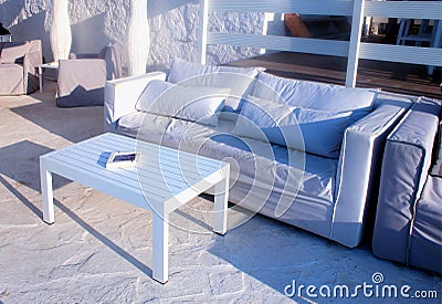 Beautiful relax terrace with white sofa, Grete, Greece. Stock Photo