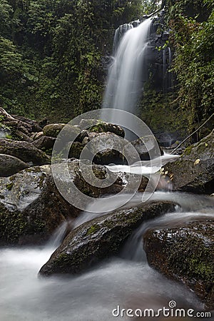 Beautiful, relaxing and cold waterfall where start a river in the middle of the deep forest. Stock Photo