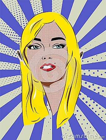 Beautiful retro blonde girl with speech bubble. Blue dot and stripes background. Pop art illustration. Cartoon Illustration