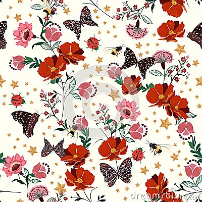 Beautiful retro blooming flowers with insect,bees,butterfly,ladybug,with vintage stars seamless pattern vector repeat for fashion Vector Illustration