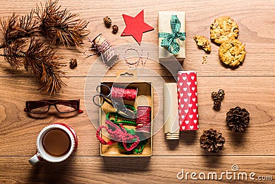 Beautiful retro gift wrapping, desk view from above Stock Photo