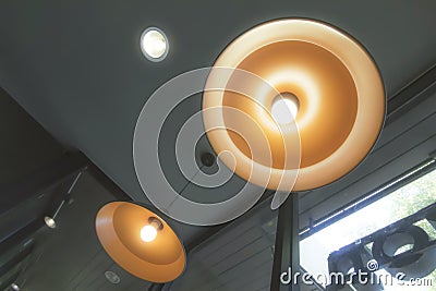 Stylish hang round ceiling luxury beautiful retro edison light lamp sit. Stock Photo