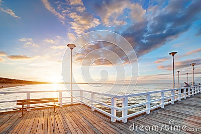 Beautiful retro pier at sunset. Gdansk Brzezno, Poland Stock Photo