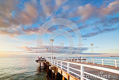 Beautiful retro pier at sunset. Gdansk Brzezno, Poland Stock Photo