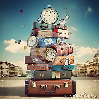 Retro suitcases covered with travel labels time synthesis stick figur Generative AI Stock Photo