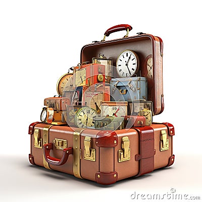 Retro suitcases covered with travel labels time synthesis stick figur Generative AI Stock Photo