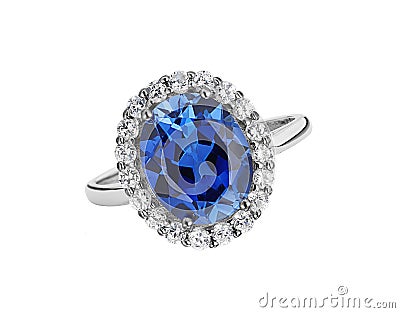Beautiful ring with blue gem (stone) isolated on white Stock Photo