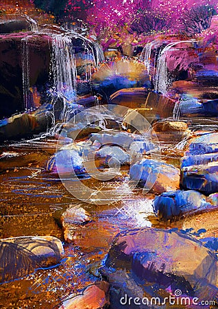 Beautiful river amongst colorful stones,waterfall Stock Photo