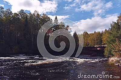 Beautiful river flowing into a wild fishing lake in Quebec Stock Photo