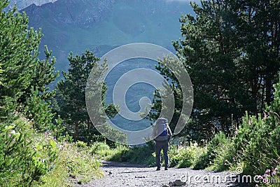 beautiful road in the mountains morning . Caucasus. Hiking tourism. trekking Stock Photo