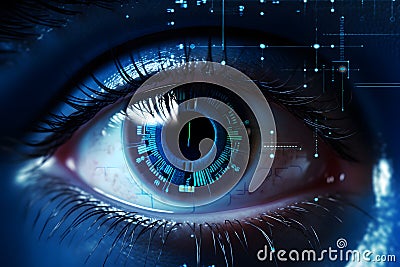 beautiful robotic blue eye with hud interface and lines of code around it ai generated Stock Photo