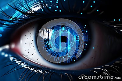 beautiful robotic blue eye with hud interface and lines of code around it ai generated Stock Photo