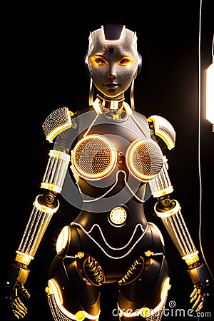 beautiful robotic woman, made of intricate metal pieces and wires, illuminated mesmerizing studio light. AI Generative Stock Photo