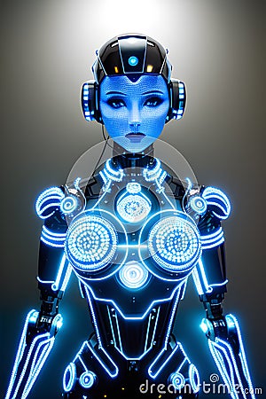 beautiful robotic woman, made of intricate metal pieces and wires, illuminated mesmerizing studio light. AI Generative Stock Photo