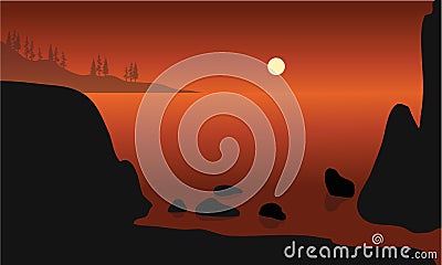 Beautiful rock in beach silhouette Vector Illustration