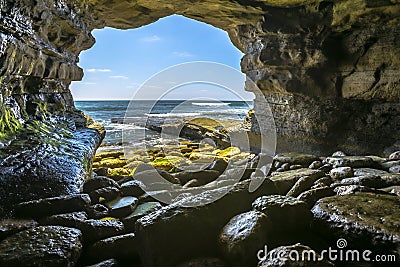 The beautiful rock cave at the sea in La Jolla California at an Stock Photo