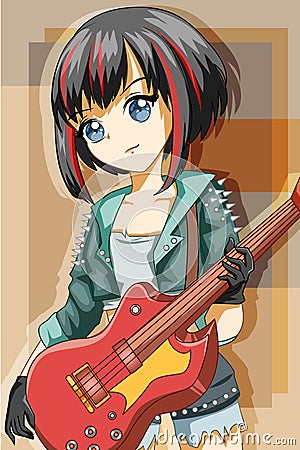 Beautiful rock girl with bass guitar perform cartoon illustration Vector Illustration