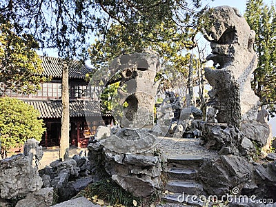 Beautiful rocks inside the Lion Grove Garden in Suzhou China Editorial Stock Photo