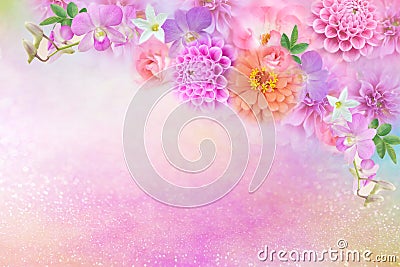 Beautiful romance dahlia, roses and orchid flowers border in colorful glitter background Stock Photo