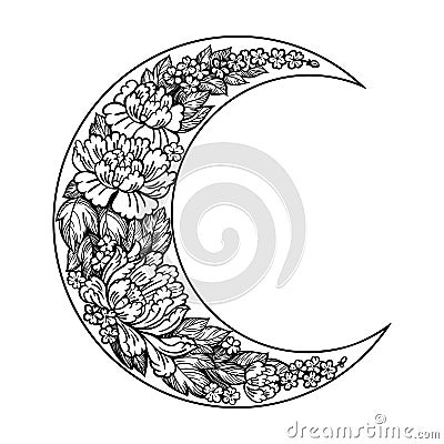 Beautiful romantic crescent moon with rose or peony flowers. Vector Illustration