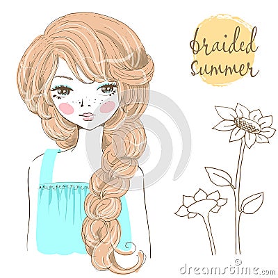 Beautiful romantic girl with braided hair. Vector Illustration