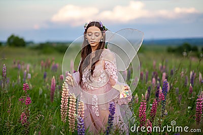 Beautiful romantic girl on nature field of flowers. Photo of sensual woman. Stock Photo