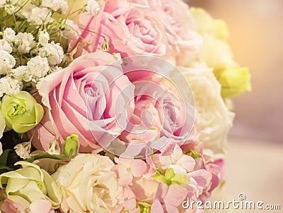 Beautiful Romantic Pink Rose Pattern in The Big Bouquet of Flowers Vase with Orange Sun Light Shade at The Corner for Interior Des Stock Photo