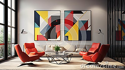 A beautiful room interior with two geometric paintings on the wall, a sofa, a table, and four orange chairs Stock Photo