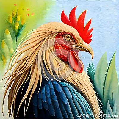 Beautiful rooster painted in watercolor - ai generated image Stock Photo