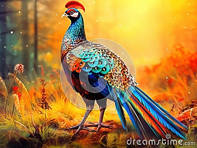 Beautiful Rooster Pheasant Cartoon Illustration