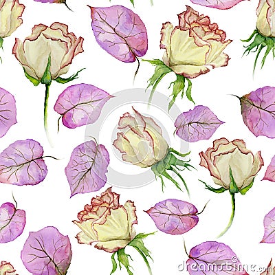 Beautiful rose flowers and leaves with veins on white background. Seamless floral pattern. Watercolor painting. Cartoon Illustration