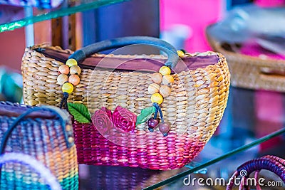 Beautiful rose flowers pattern on on handbag weaving, made from Water Hyacinth haulm. Dried water hyacinth lady handbag for sale i Stock Photo