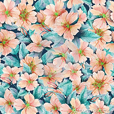 Beautiful rose hip flowers with leaves in seamless pattern. Colorful floral background. Watercolor painting. Cartoon Illustration