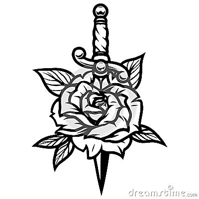 Beautiful rose pierced with dagger Vector Illustration