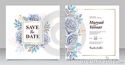 Beautiful roses blue watercolor wedding invitation card template Vector Illustration