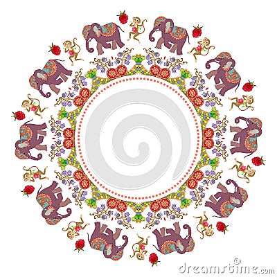 Beautiful round frame with flowers, cute cartoon elephants, dancing monkeys and raspberries. Vector Illustration