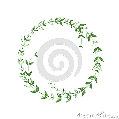Beautiful round frame with green foliage. Neat border in minimalist style. Vector logo element. Wreath with contour leaves and Vector Illustration