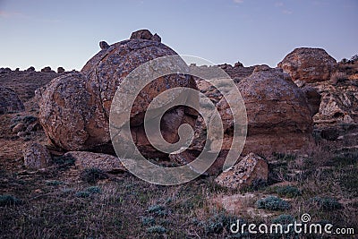 Beautiful round sandstones in rocky desert in western Kazakhstan Stock Photo