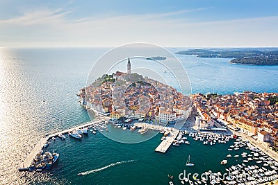 Beautiful Rovinj at sunset. Aerial photo. The old town of Rovinj, Istria, Croatia Stock Photo