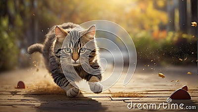 A beautiful, running cat on a blurred background. Space for text Stock Photo