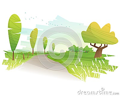 Beautiful rural green field landscape background with morning countryside view Vector Illustration